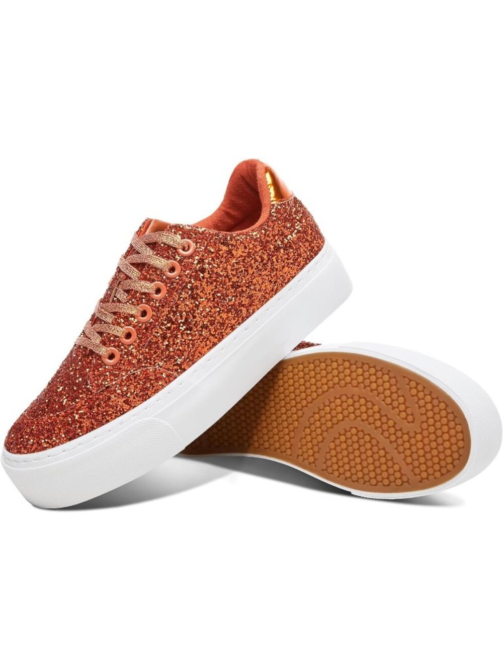 Women's Orange Glitter Shiny Sequin Sparkly Bling Thick Sole Walking Sneakers